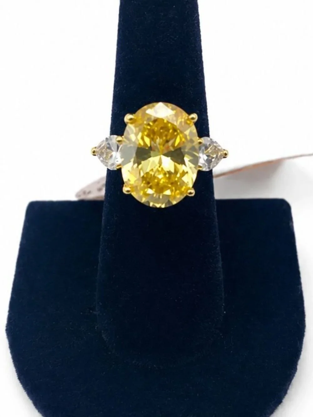 Gold Cake Ring Large Oval Canary Yellow CZ Crystal 925 Sterling Silver Size 8